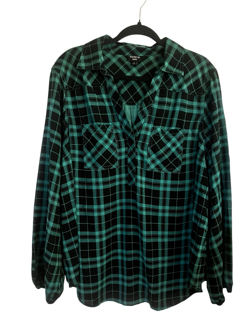 torrid Black and Teal Plaid Button-Front Shirt